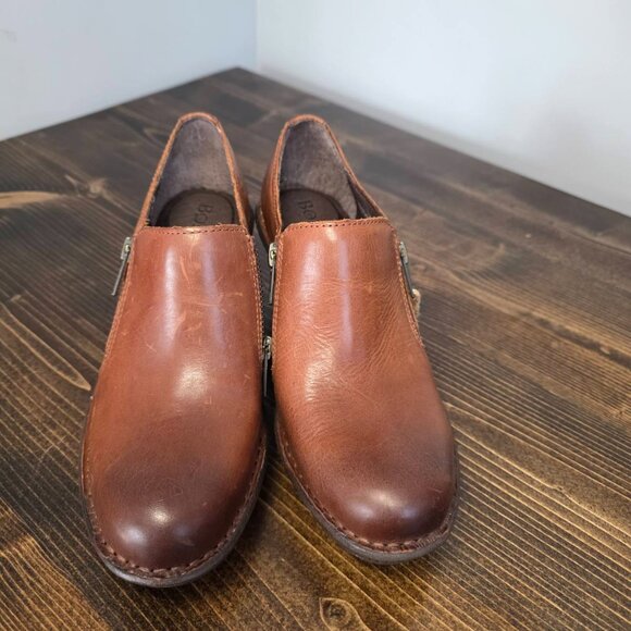 Born Elliott Tan/Brown Leather Double Zip Plain Toe Clog Sz.6.5 Comfort - Picture 2 of 15
